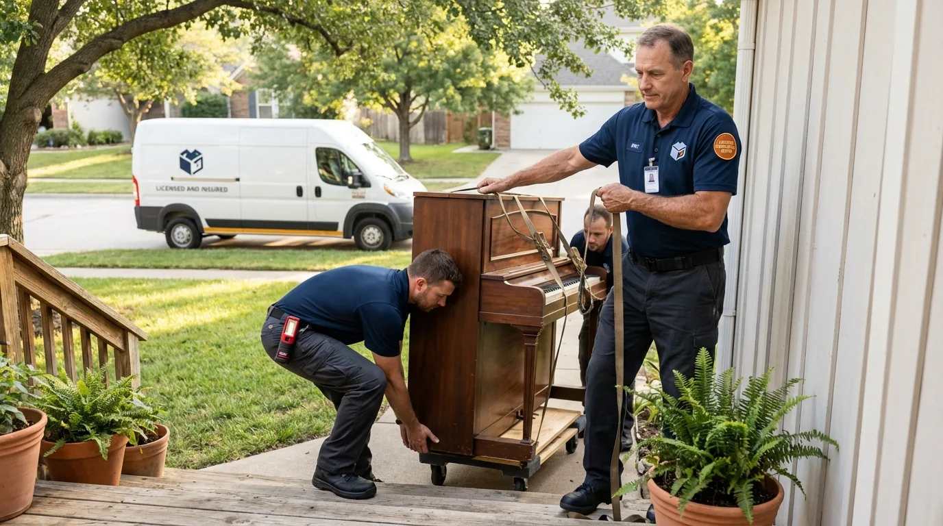 Licensed piano movers securing grand piano in Lamar, AR