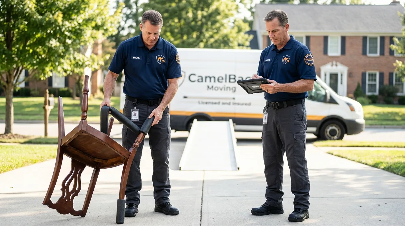 Movers inspecting furniture for damage prevention before loading in Lamar, AR